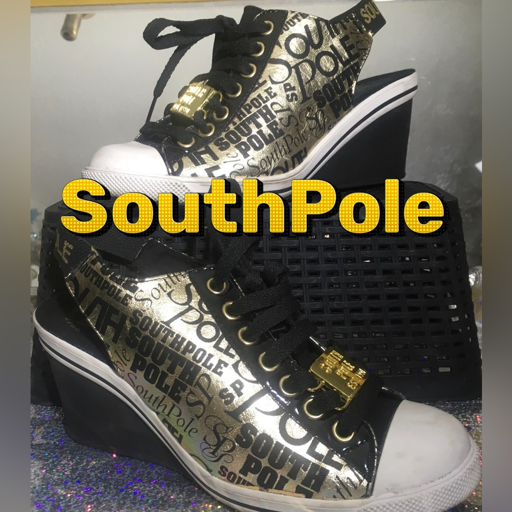 South Pole gold and black wedge open back tennis shoes. Size 6.5